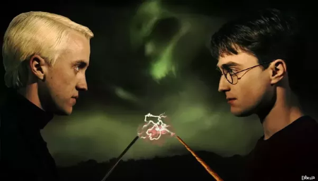 A picture of Harry Potter characters staring at each other.